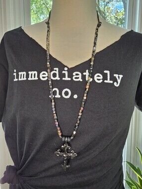 Unisex Beaded Necklace w/Silvertone Hardware - Rubber Beads, Leather, Iridescent